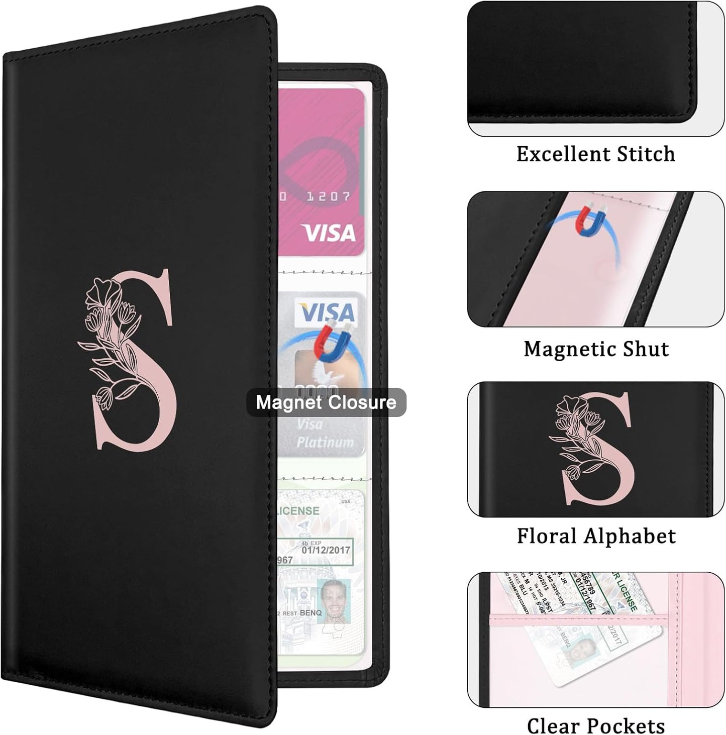 Letter Car Registration and Insurance Holder, with Magnetic Closure for License, Cards and Documents,Vehicle Glove Box Car Organizer, Interior Car Accessories for Women Men (I)