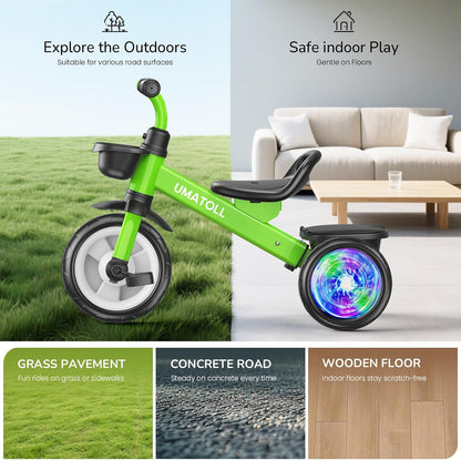 Umatoll Tricycle for Toddlers 2-5 Year Old, Ajustable Toddler Bike Outdoor Toys, Birthday Gift for Girl Age 2-4, Trike with Light up Wheels