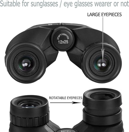 Occer 12x25 Compact Binoculars for Adults and Kids, Large Eyepiece Waterproof Binocular with Low Light Vision,High Powered Easy Focus Binoculars for Bird Watching,Outdoor Hunting,Travel,Sightseeing
