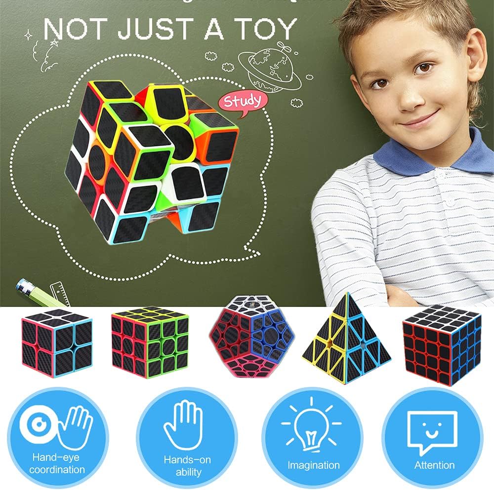 Roxenda Speed Cube Set, [5 Pack] Magic Cube Bundle of 2x2 3x3 4x4 Megaminx Cube and Pyramid Cube Smoothly Carbon Fiber Sticker Speed Cubes Collection for Kids Teens & Adults