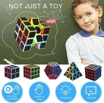 Roxenda Speed Cube Set, [5 Pack] Magic Cube Bundle of 2x2 3x3 4x4 Megaminx Cube and Pyramid Cube Smoothly Carbon Fiber Sticker Speed Cubes Collection for Kids Teens & Adults