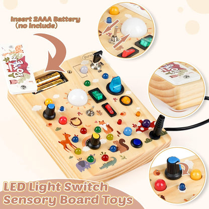 Joyreal Wooden Busy Board with LED Light, Montessori Toddler Toys, Wooden Sensory Board, Toddlers Activity Travel Toys for Boy & Girl Birthday Gift (Farm Theme)
