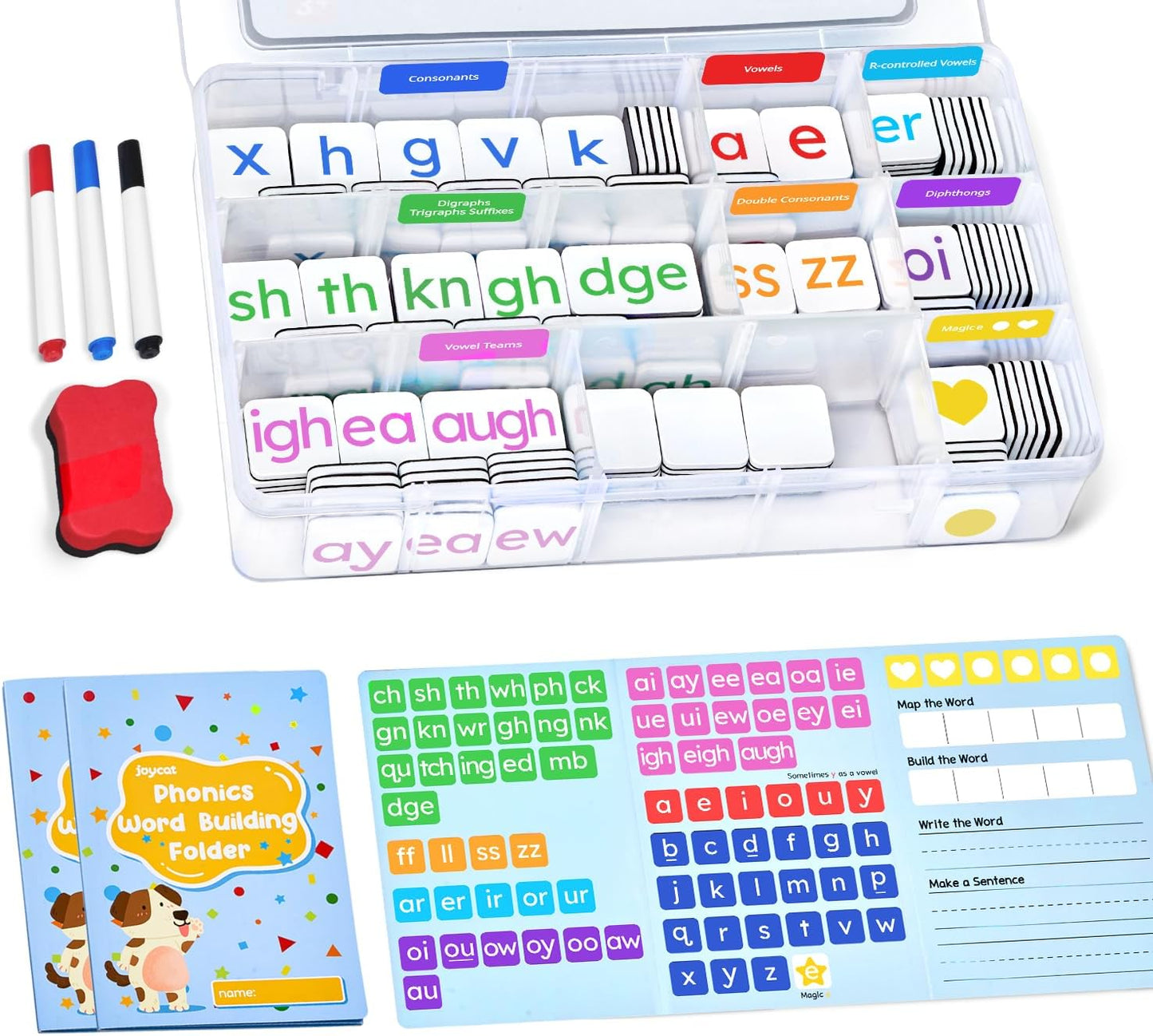 JoyCat 265 Phonics Magnetic Letter Tiles- Hooked on Phonics, ABC Reading Games Set with Word-Building Folder & Storage Case, Letter Sound Alphabet Letters, Preschool Pre k Classroom Materials
