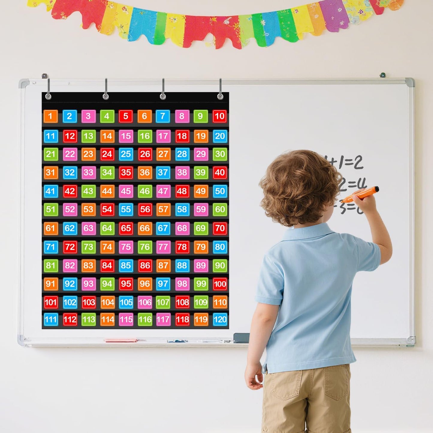 ANCOMEDO Hundred Pocket Chart with 100 Pockets and 150 Pieces Boho Double-Sided Number Cards,Number 1-100 Pocket Chart for Students Classroom Home Counting and Organizer (Black-100 Pockets)