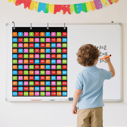 ANCOMEDO Hundred Pocket Chart with 100 Pockets and 150 Pieces Boho Double-Sided Number Cards,Number 1-100 Pocket Chart for Students Classroom Home Counting and Organizer (Black-100 Pockets)