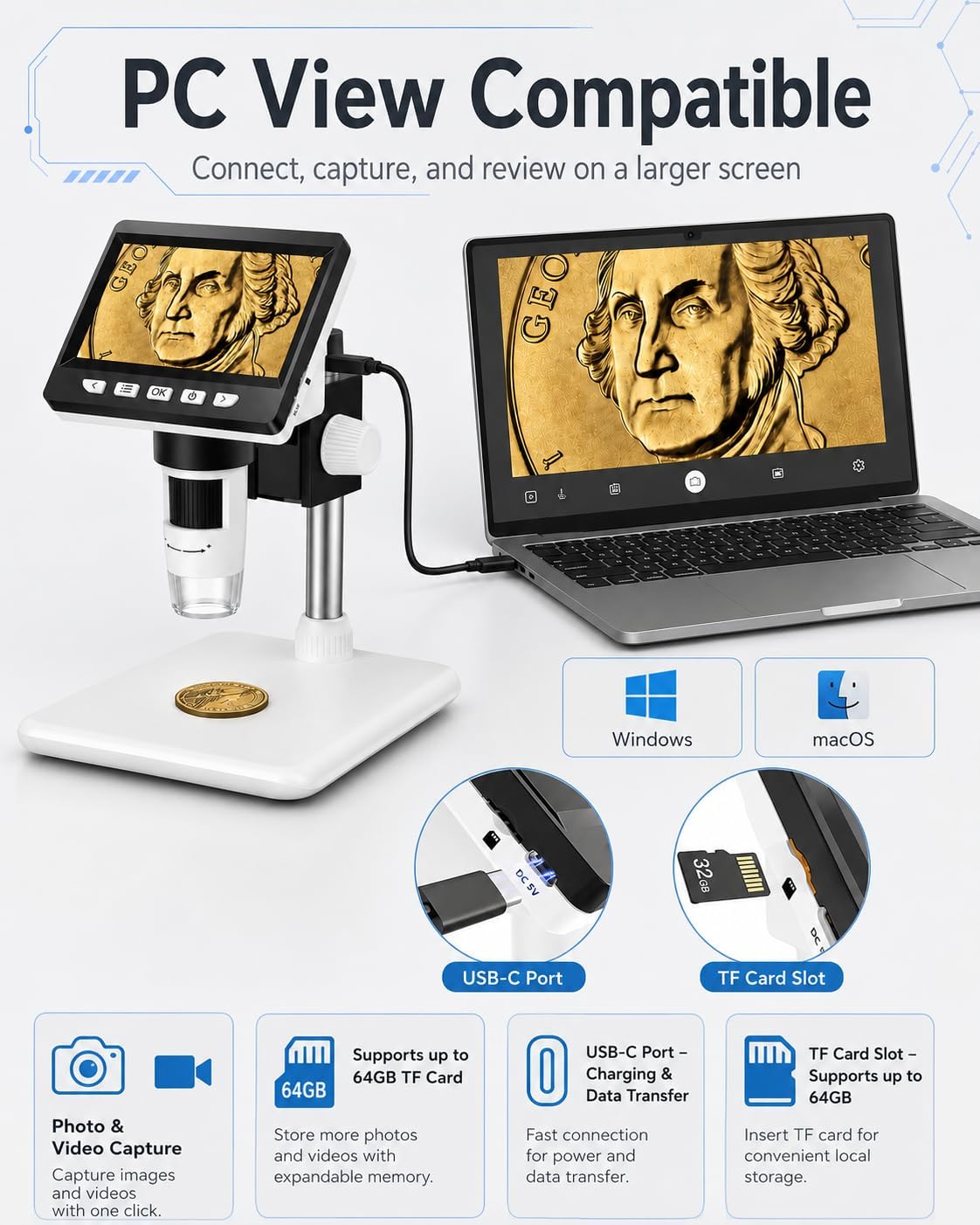 Coin Microscope, 4.3 Inch Digital Microscope 1000X Coin Microscope for Error Coins with 8 Adjustable LED Lights, PC View Compatible with Windows & MacOS