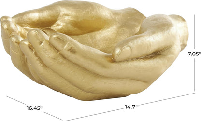Deco 79 Polystone Hands Decorative Sculpture Weathered Patina Linked Home Decor Statue with Block Base and Gold Accents, Accent Figurine 9" x 4" x 10", Black