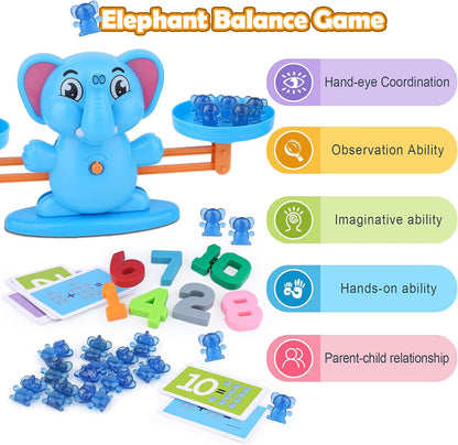 Elephant Balance Game Toy, STEM Educational Math Number Balance Game, Learning Counting Number Toy with Little Elephants, Numbers, Suitable for Toddlers Boys Girls 3 Years and up(Blue)