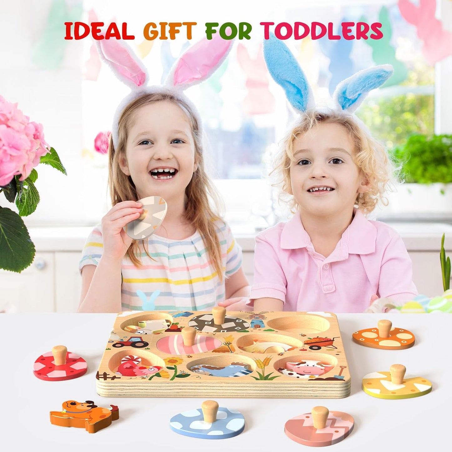 Zeoddler Easter Wooden Puzzles for Toddlers, 8 Pcs Farm Animal Matching Egg Puzzle, Montessori Toys for Boy Girl Birthday Gifts, Preschool Learning Activities & Educational Toys for Boys, Girls