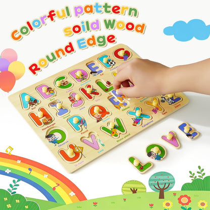 MerryPony Wooden Peg Puzzle for Toddlers 2 3 4 Years Old, 6 Pcs Montessori Toddler Puzzle - Alphabet, Shape, Number, Fruit, Dinosaur and Insect Puzzles, Baby Puzzle, Learning & Education Toys for Kids