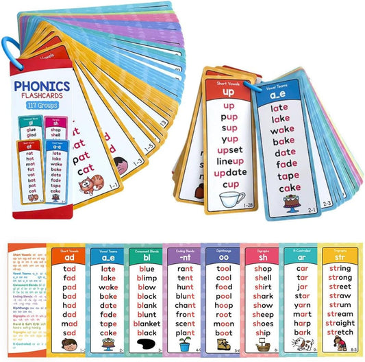 Phonics Word Cards for Beginners Learn to Read & Spell, 117 Sound Groups 900+ Words, Double Sided Flashcards Set for Fun Learning Activities