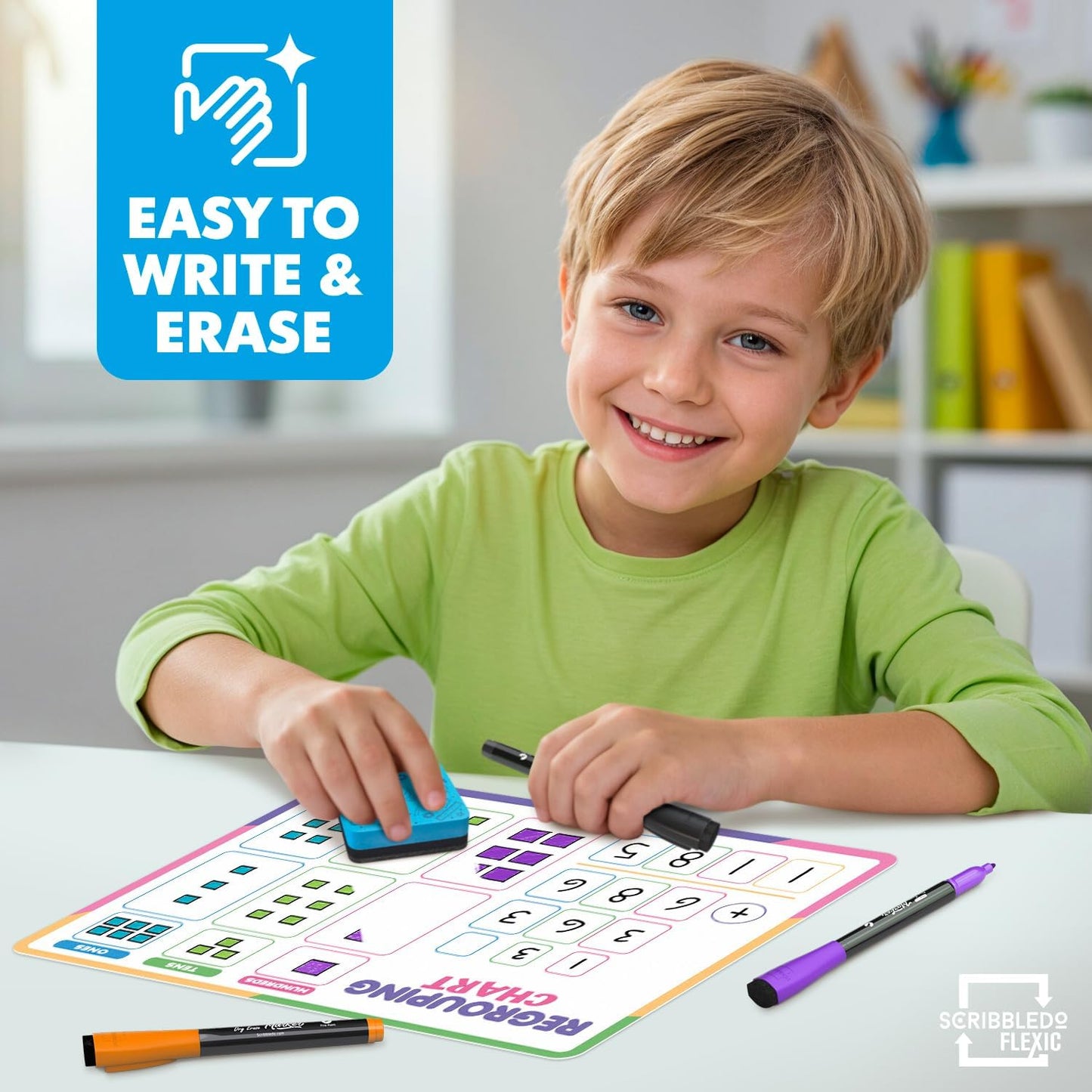 Scribbledo Place Value Chart & Regrouping Dry Erase Sheets Base Ten, Addition & Subtraction Math Practice for Kids, Classroom Supplies, Double Sided 10 Pack