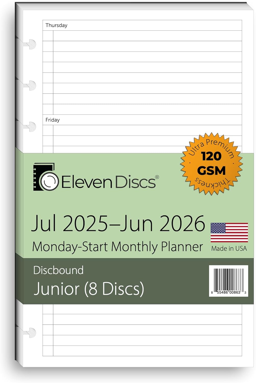 Eleven Discs Discbound Paper, Junior Size Mileage Log Sheets - Premium 120gsm Heavyweight Notebook & Planner Refills - 8 Discs, 5.5 x 8.5 in - Punched for Circa, Arc, TUL (50 Sheets)