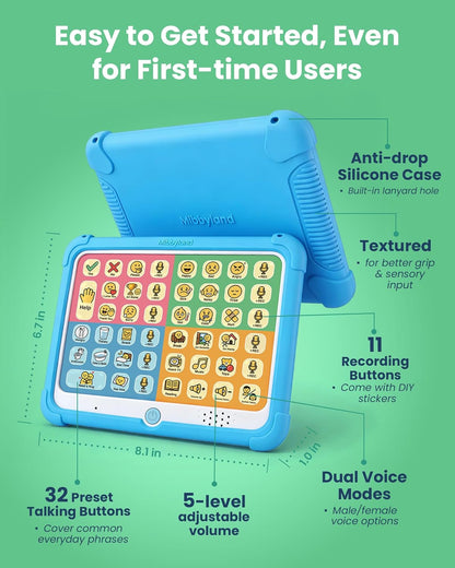 MibbyTalk AAC Device for Autism & Nonverbal Kids and Adults, Communication Tool for Home & School Use and Speech Therapy – 32 Preset Buttons, 11 Recording Buttons with Stickers, Silicone Case, Blue