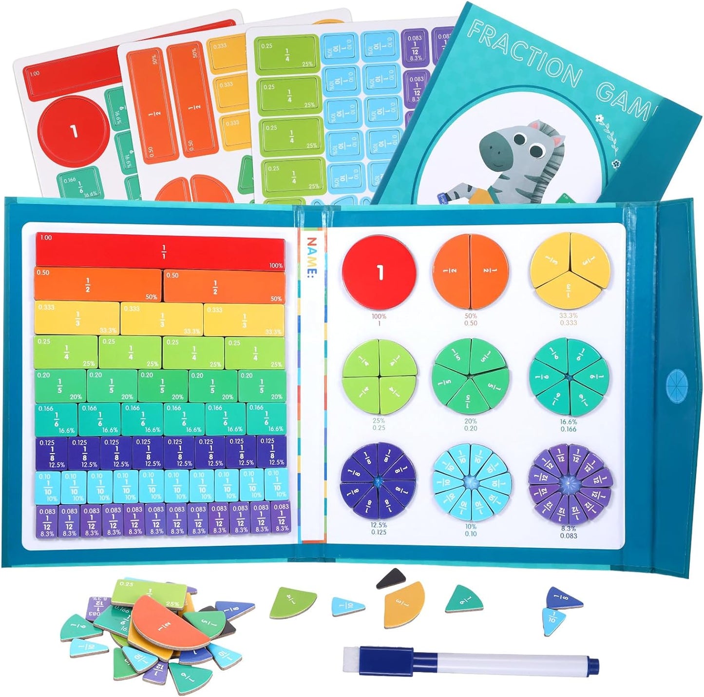 Magnetic Fraction Educational Puzzle 102 Pcs Fraction Tiles & Circles Set 9 Colors, Preschool Learning Activities Math Manipulatives for Classroom or Homeschool Supplies (Green)
