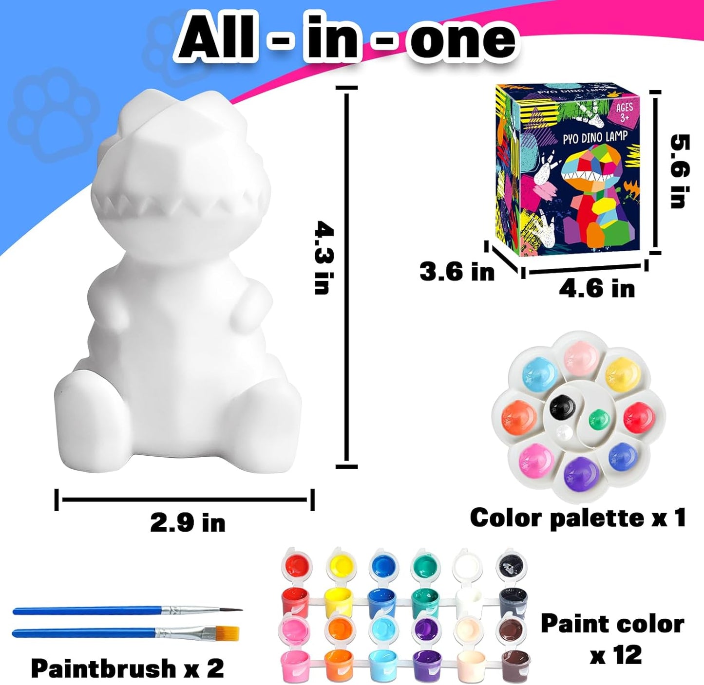 FUNZBO 4.3in Paint Your Own Dinosaur Lamp Kit - Arts and Crafts Supplies Painting for Kids Teens, DIY Night Light Dinosaur Toy for Boy Girl 3 4 5 6 7 8 9 10 11 12 Birthday Gift