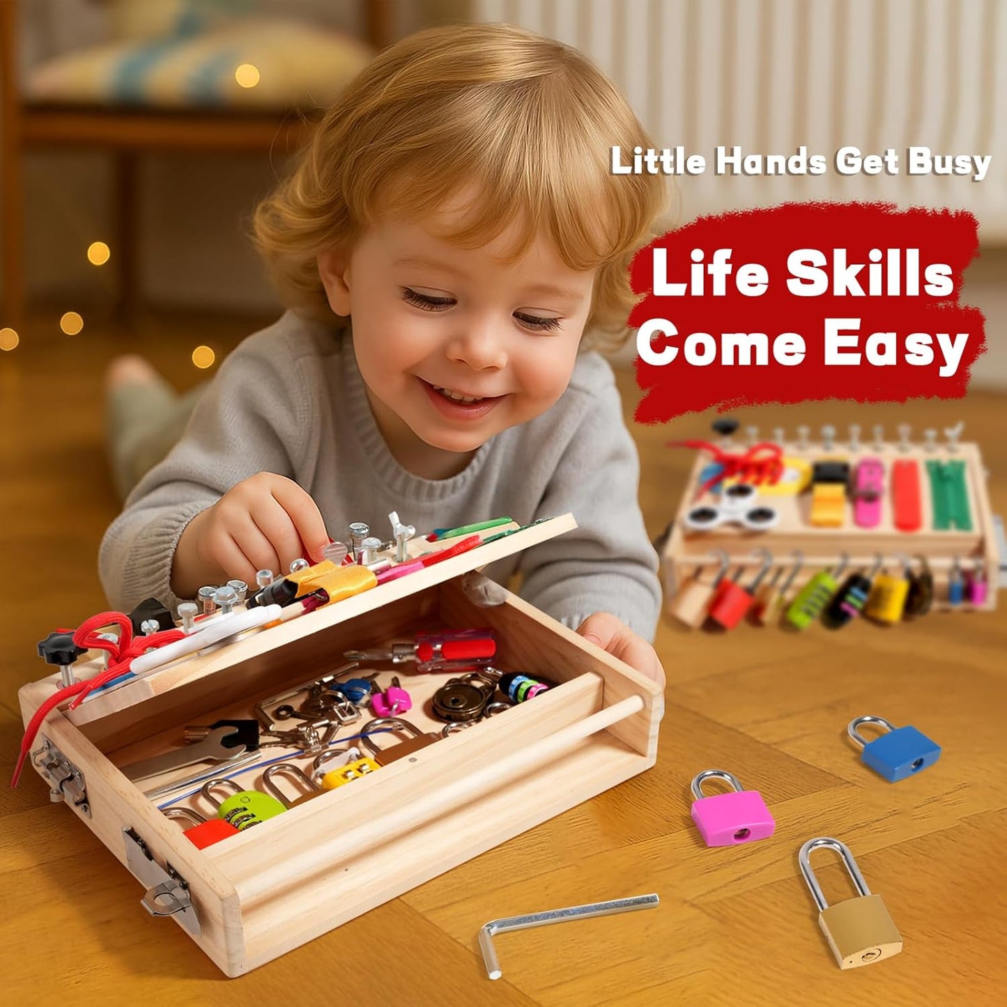 INIFEIDALA Montessori Wooden Busy Board - Fine Motor Skills Toys for 2-5 Year Old Boys Girls, Preschool STEM Life Skills Game, Latches Lock Key Sensory Toy, Screwdriver Board Set, Educational Gift