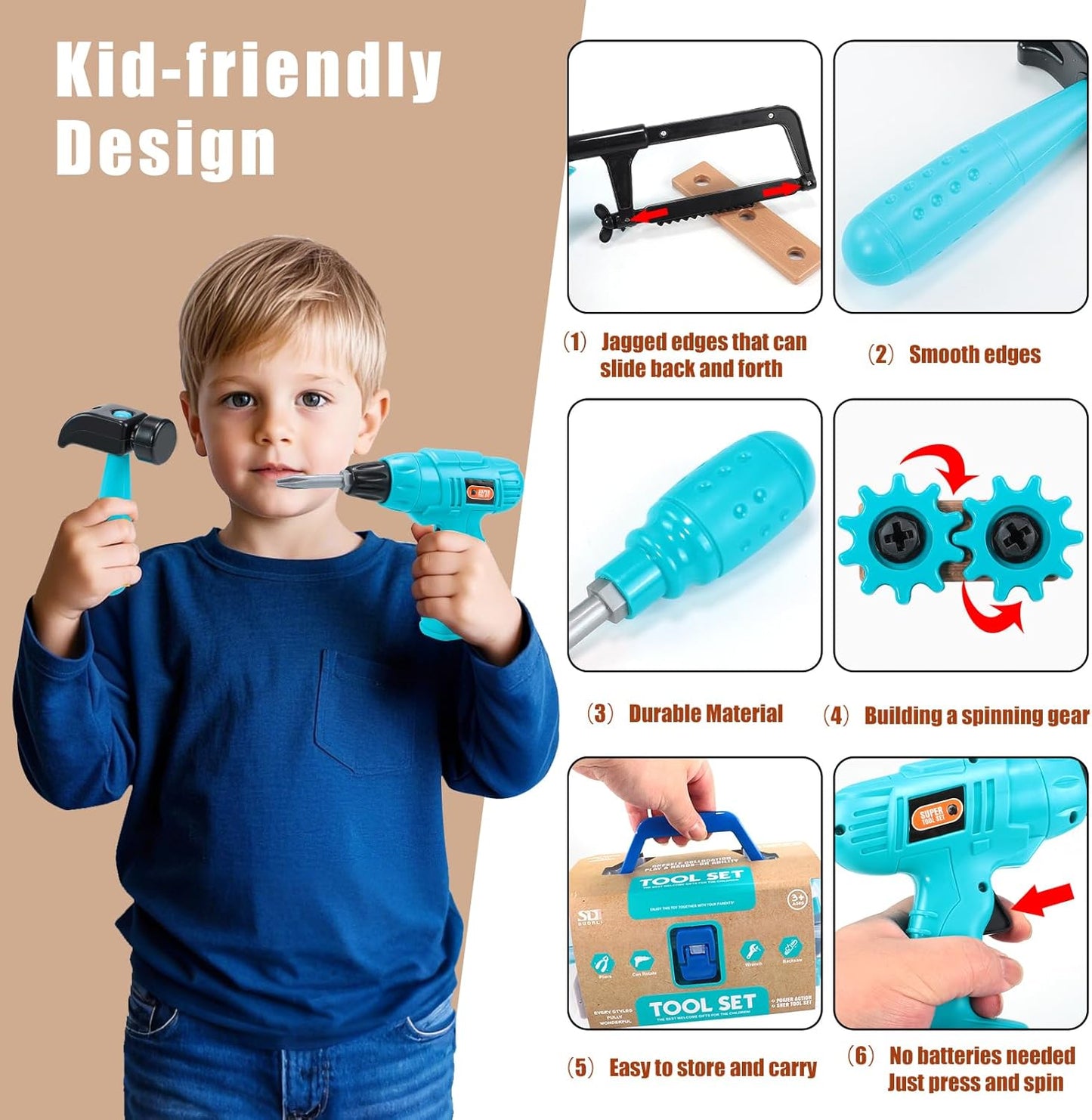 GAIETYDIY Kids Tool Set – Pretend Play Toddler Tool Set with Tool Box, Electronic Toy Drill, Screwdriver, Screw Construction Kits, Educational Tools for Kids Ages 3,4,5,6,7 Years Old, Boy Girl