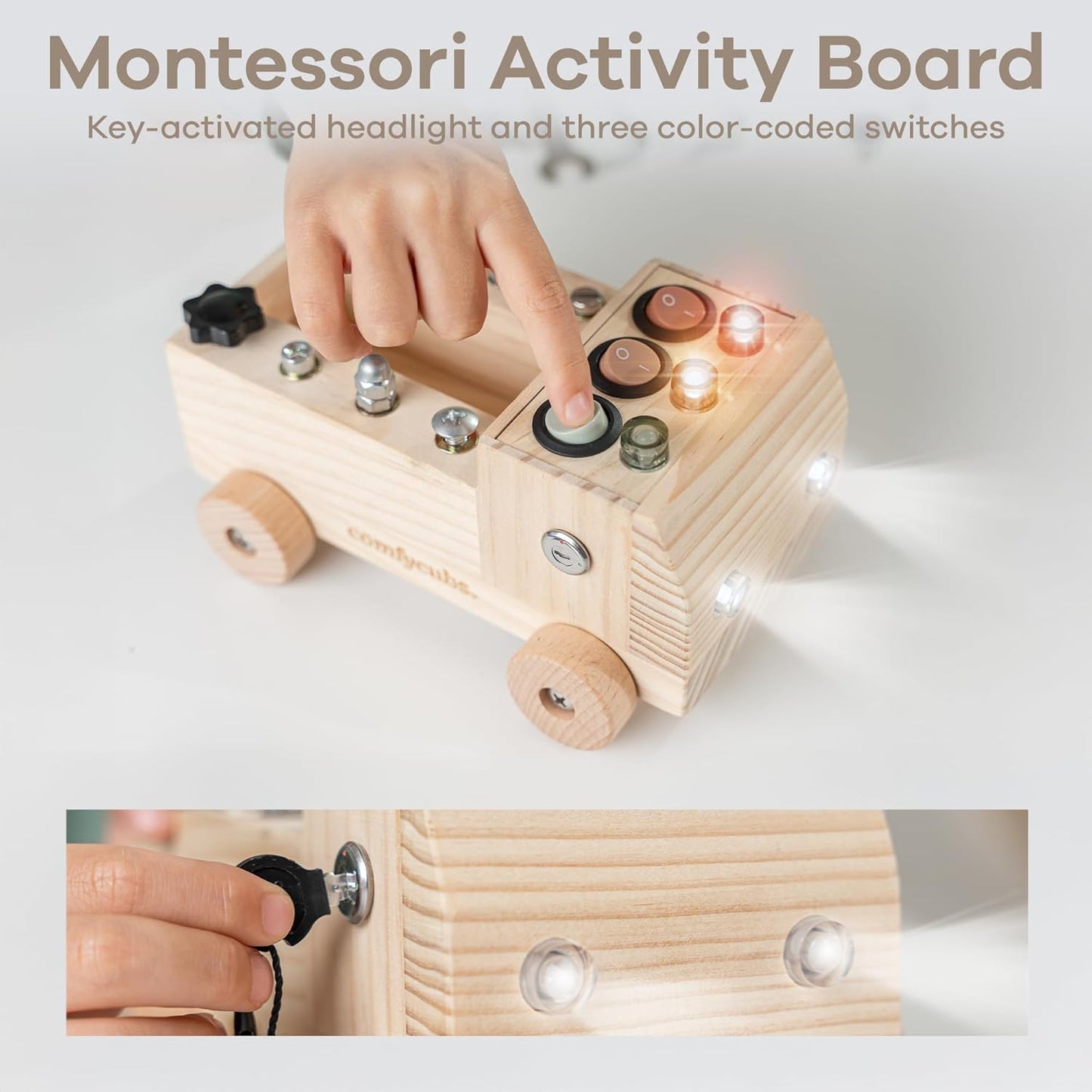 Comfy Cubs Busy Board Toy Truck Set - Fun & Noise-Free, Pine Wood Activity Board for Toddlers with LED Light Switch - Designed in The US, Focused & Engaging Montessori Play for Kids 3+ (Pacific Blue)