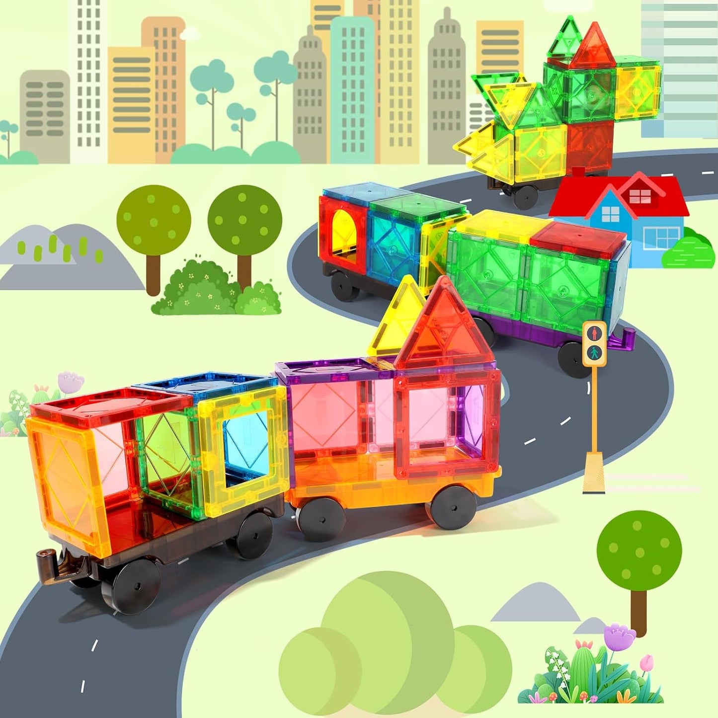 Mruikeny Magnetic Tiles Cars Construction Set - 4 PCS Magnetic Tiles Magnet Bricks Truck Sensory Toys, Educational Magnet Cars Set Building Blocks for 3 4 5 6 7 8+ Year Old Girls Boys