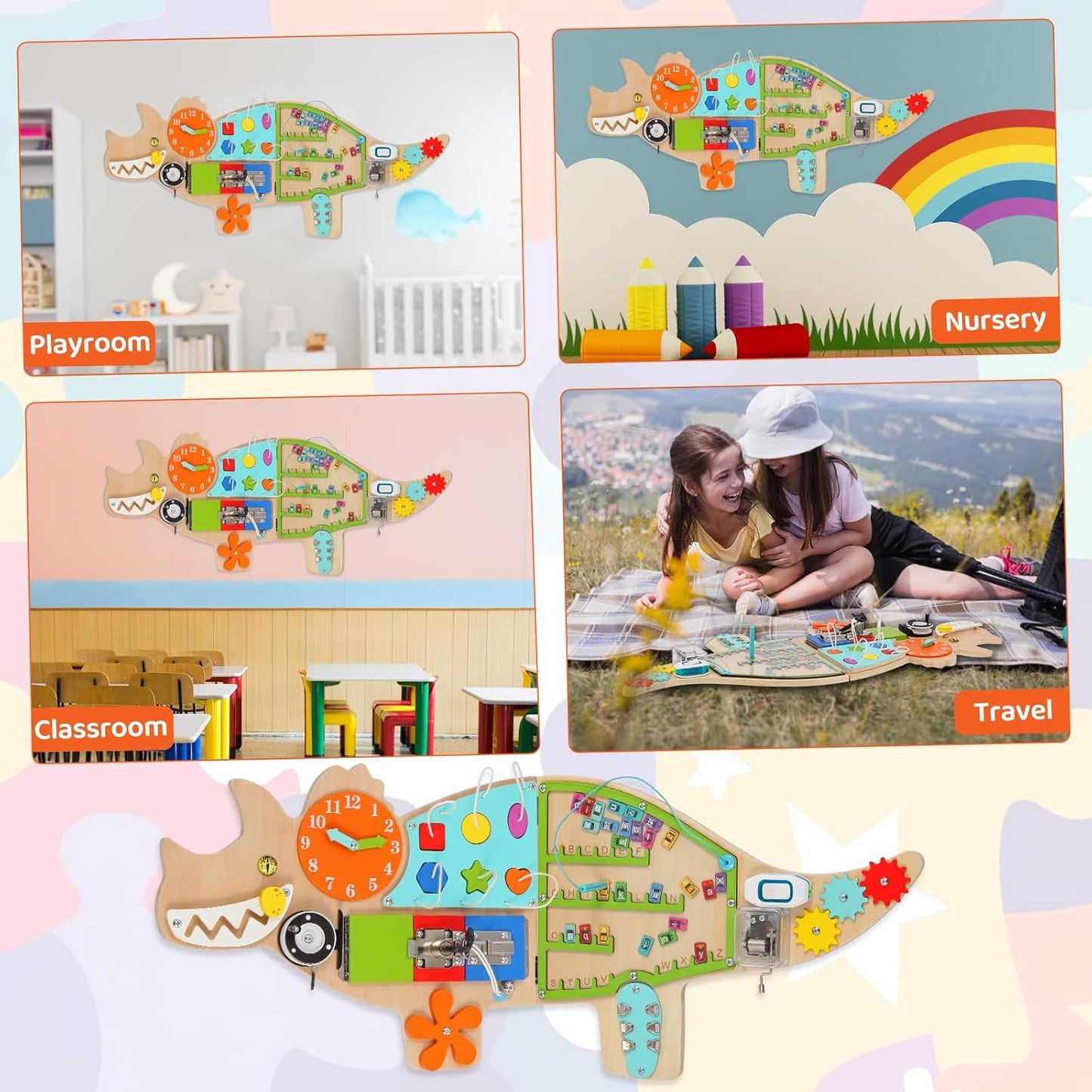 FIIOEOY Dinosaur Activity Wall Busy Board Panels, 11-in-1 Montessori Sensory Wall Panel for Kids, Toddler Learning Activity Center, Perfect for Playroom Daycare Nursery Classroom