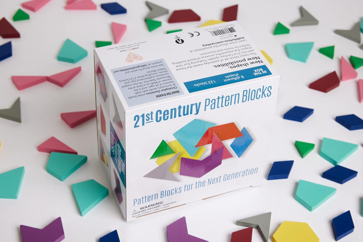 Math for Love 21st Century Pattern Blocks - Set of 132 Colorful Wooden Blocks in Eight Shapes for Creative STEAM Play at Home or School