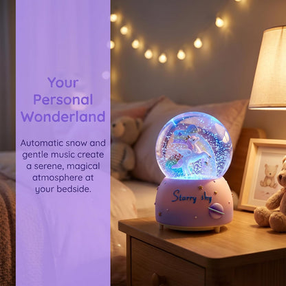 Unicorn Music Snowball, 80MM Snow Globes for Girls Music Box, with LED Rainbow Snow Lights, Birthday, Christmas, Ideal Gift for Girls (Pink&Blue)
