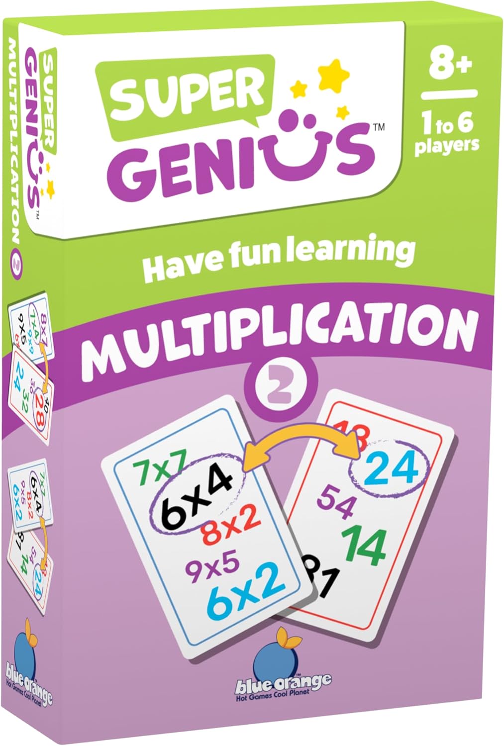 Blue Orange Super Genius Multiplication 2 - Tabletop Card Game, Fun Flash Card Concentration Matching Game for Kids, Ages 8+, 1-6 Players, Teacher Approved, Learn 6-9 Multiplication Tables Games