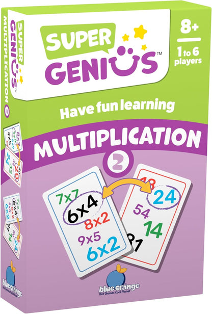 Blue Orange Super Genius Multiplication 2 - Tabletop Card Game, Fun Flash Card Concentration Matching Game for Kids, Ages 8+, 1-6 Players, Teacher Approved, Learn 6-9 Multiplication Tables Games