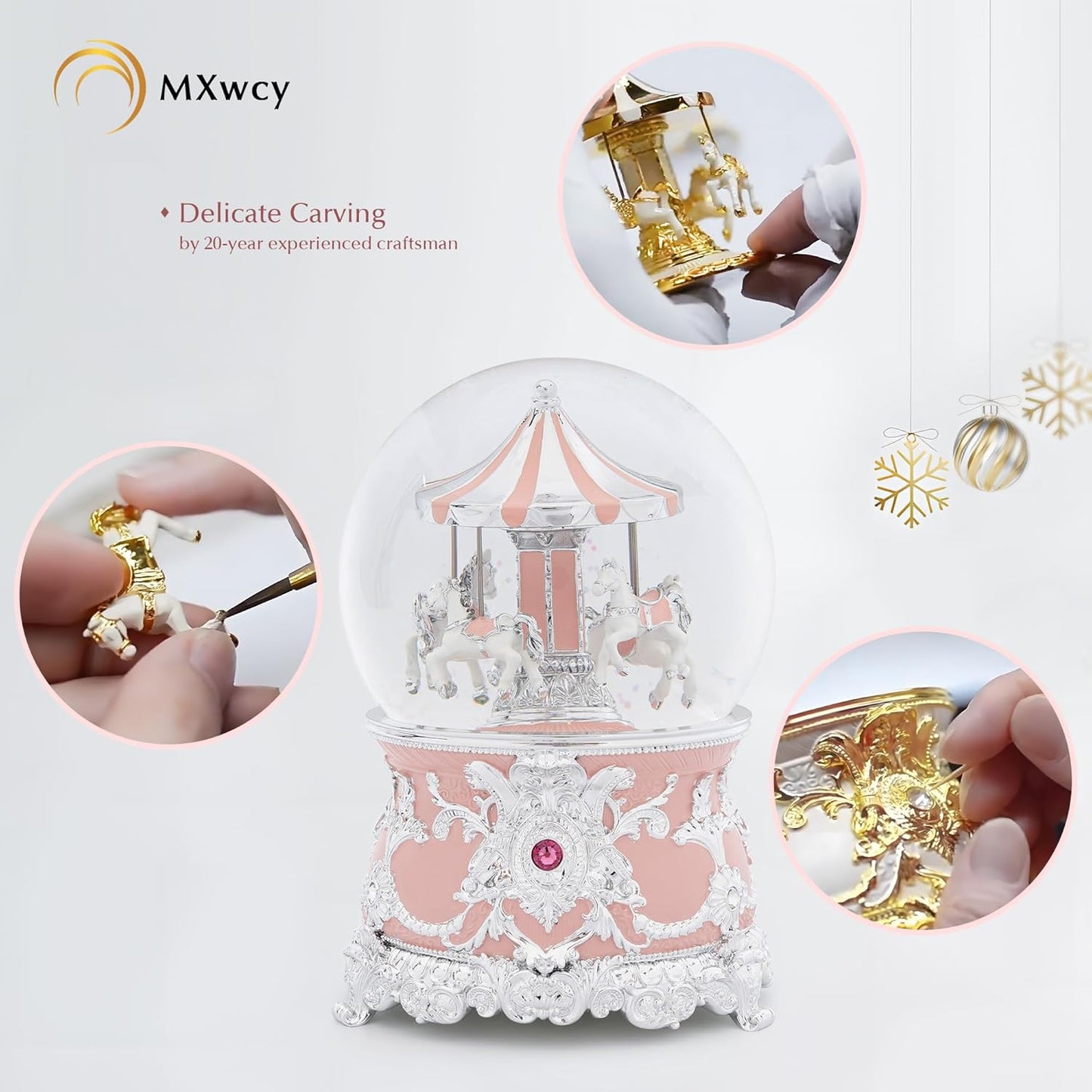Carousel Music Box Gold & Ivory Christmas Snow Globes, 8.3" Rotate Carousel Snow Globe for Kids & Adults, Classic Wind up Musical Snow Globe Birthday Gifts for Women Girls, Carousel Horse Home Decor