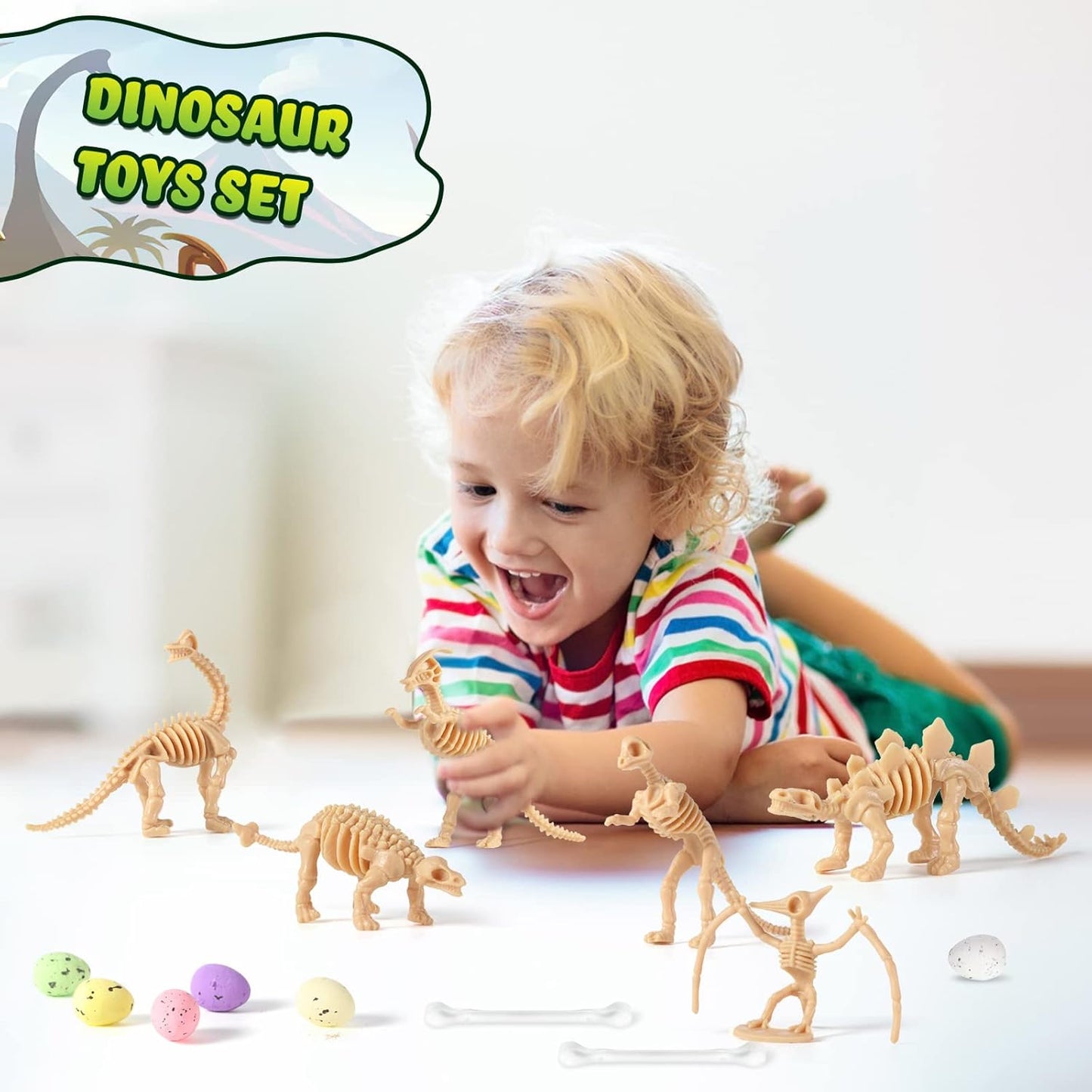 Sratte 52 Pcs Dinosaur Fossil Skeleton Kit for Kids with 24 Assorted Dino Bones & 24 Mini Dinosaur Eggs & 4 Bones, Dino Sand Dig Toys for Science Play Sandbox Birthday Halloween Party(Light Brown)