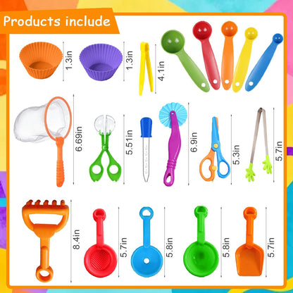 19 Pieces Sensory Bin Filler, Sensory Bin Tools Set with 5 Scoops, Tweezers, Mini Silicone Tong, Scissors Clip, Dropper, Beach Shovels, Funnel, Sensory Bin Accessories Tools
