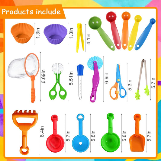 19 Pieces Sensory Bin Filler, Sensory Bin Tools Set with 5 Scoops, Tweezers, Mini Silicone Tong, Scissors Clip, Dropper, Beach Shovels, Funnel, Sensory Bin Accessories Tools