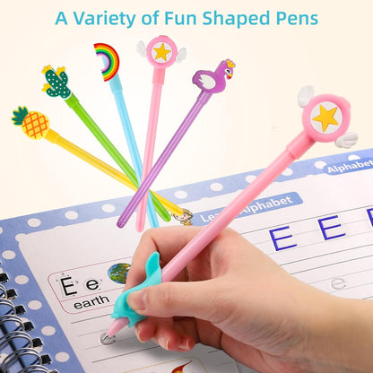 Large Reusable Grooved Handwriting Practice Workbooks for Kids Ages 3-8 – Magic Disappearing Ink & 3D Groove – Preschool Kindergarten Children Writing Books 5-Book Set with Pen Grips