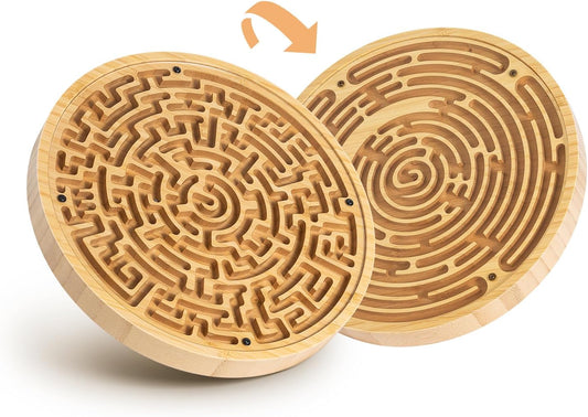 Round Wooden Labyrinth Board Game - Marble Maze for Education and Fun, Toddler Activity Board, Brain Teaser Puzzle Logic Game with Two Metal Balls for Kids, Adults, Teens, Boys, and Girls