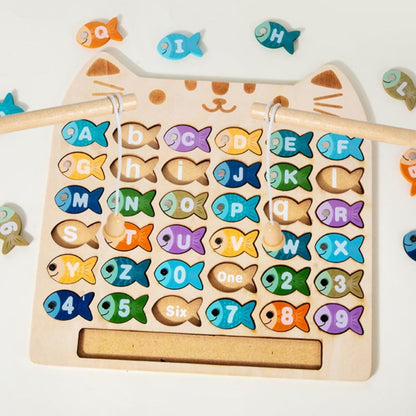 Magnetic Fishing Game for Toddlers, Wooden Alphabet Puzzle Maze Board, Preschool ABC Uppercase Lowercase Letter Matching Game, Montessori Educational Fine Motor Skill Toy for Boy Girl Kids