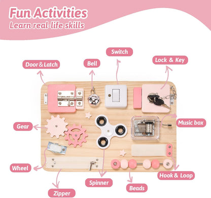 Potatomato Pink Montessori Wooden Busy Board – Sensory Toy for Toddlers – Educational Activity Board for Kids Fine Motor Skills– Travel Fidget Toy for Girls & Boys – Birthday Gift for Autism & ADHD