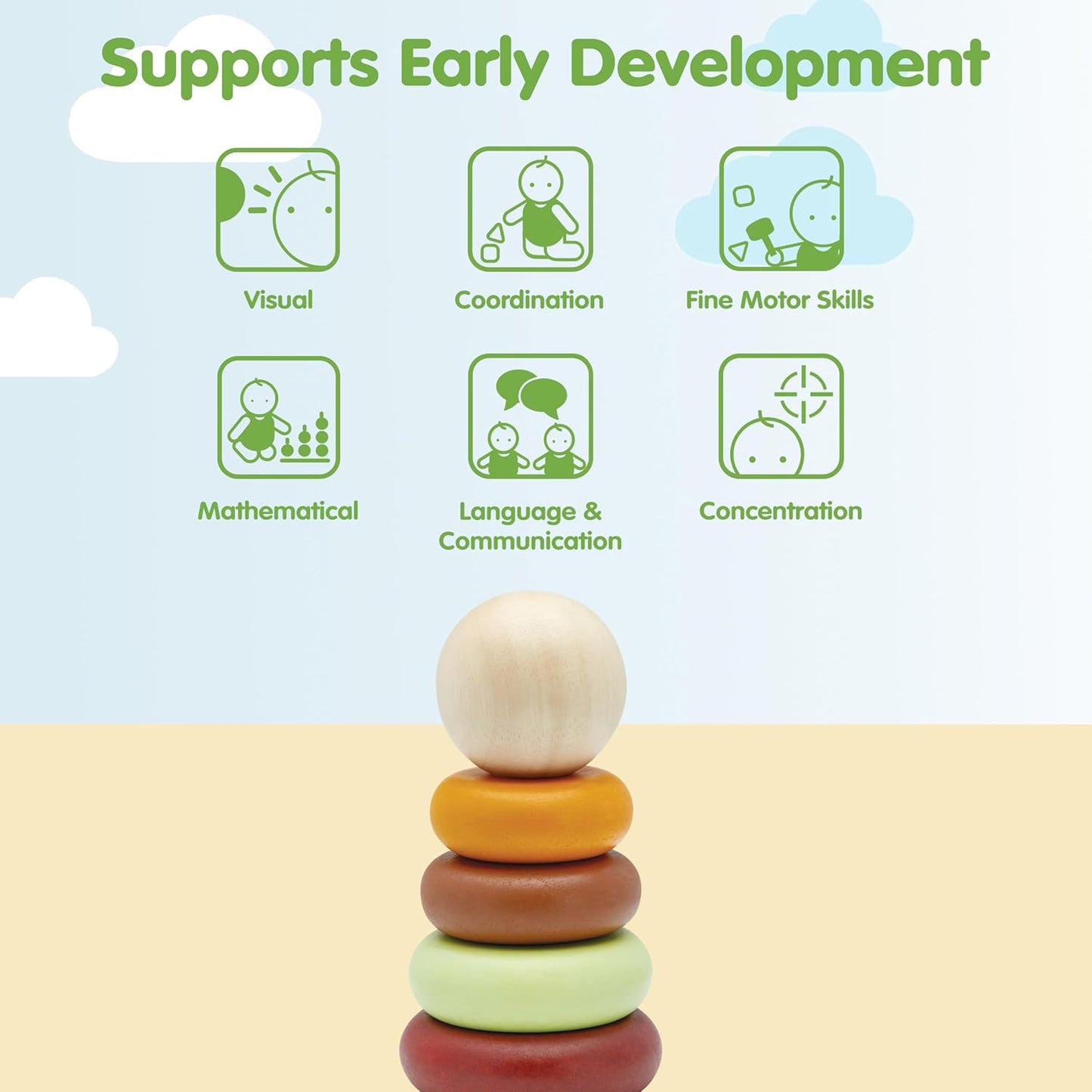 PlanToys® My First Stacking Toy Wooden Rings in Modern Rustic Shades | Montessori Fine-Motor Development Toy for Focus, Coordination & Early Learning | Eco-Friendly Educational Toy