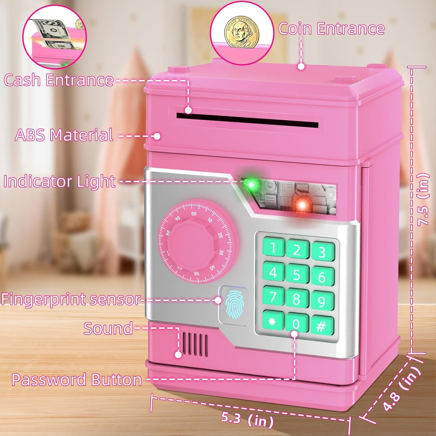 Piggy Bank, Automatic Electronic Piggy Bank for Kids Boys Girls with Password and Fingerprint Unlocking Simulation, Money Bank Kids Safe Toys for 3 4 5 6 7 8 9 10 Year Old Boy Girl (Black)