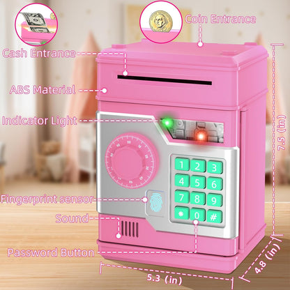 Piggy Bank, Automatic Electronic Piggy Bank for Kids Boys Girls with Password and Fingerprint Unlocking Simulation, Money Bank Kids Safe Toys for 3 4 5 6 7 8 9 10 Year Old Boy Girl (Black)