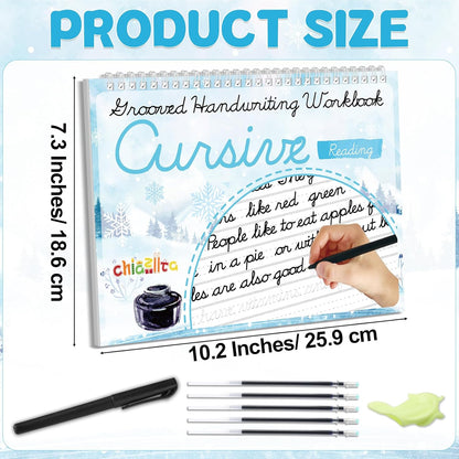 chiazllta Grooved Cursive Handwriting Workbook with Disappearing Ink Pens Magic Reusable Grooved Cursive Writing Practice for Beginners Kids Kickoff Student Workbook Homeschooling Supplies (Letters)