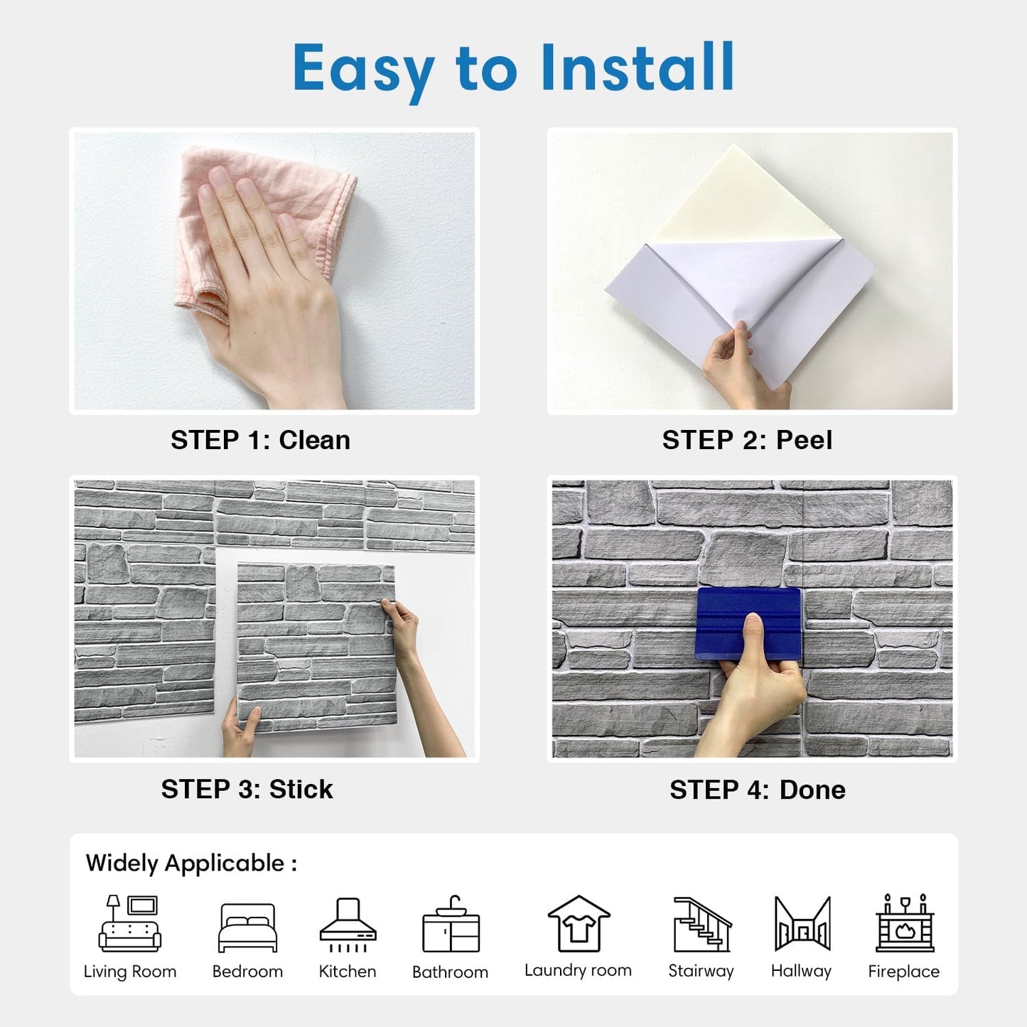 COMSTICKC 3D Faux Gray Stone Wall Sticker Peel and Stick Wall Panels,10 Pcs of 12"X12",Ultra-Light Thin PVC Decorative Tiles Rocks Stone Backsplash Interior Decor,Paintable