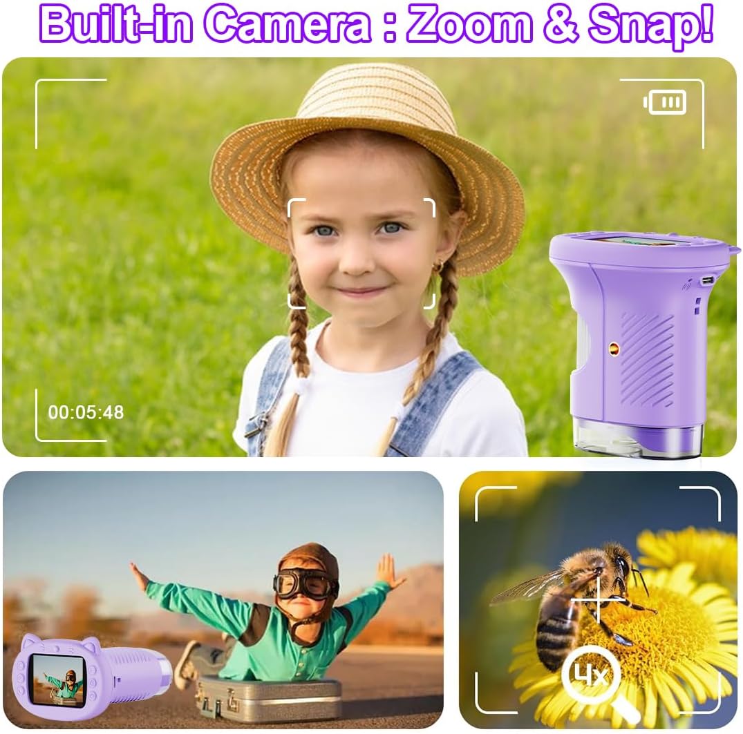 1000X Handheld Digital Microscope for Kids, 4K Kids Microscope with 2.4" Screen, 200–1000X Magnification, Portable STEM Educational Toy for Boys and Girls Ages 5–12 (White)