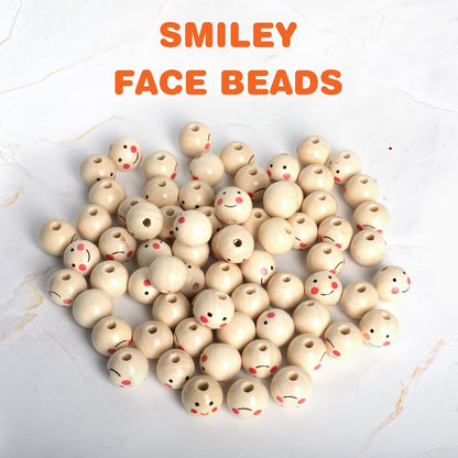 60PCS Wooden Beads with String,Natural Wood Beads Loose Beads with Face,2 Styles Wooden Smiley Beads Set for Chiristmas Tree Wreath DIY Key Chain Angel Craft Jewelry Making(30pcs 20mm 30pcs 18mm)