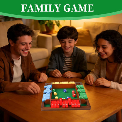 Shut The Box Dice Game for 2-4 Players, Wooden Board Tabletop Math and Strategy Game with 8 Dice and Velvet Storage Bag, Classic Family Board Game for Home, Party or Pub, Brown