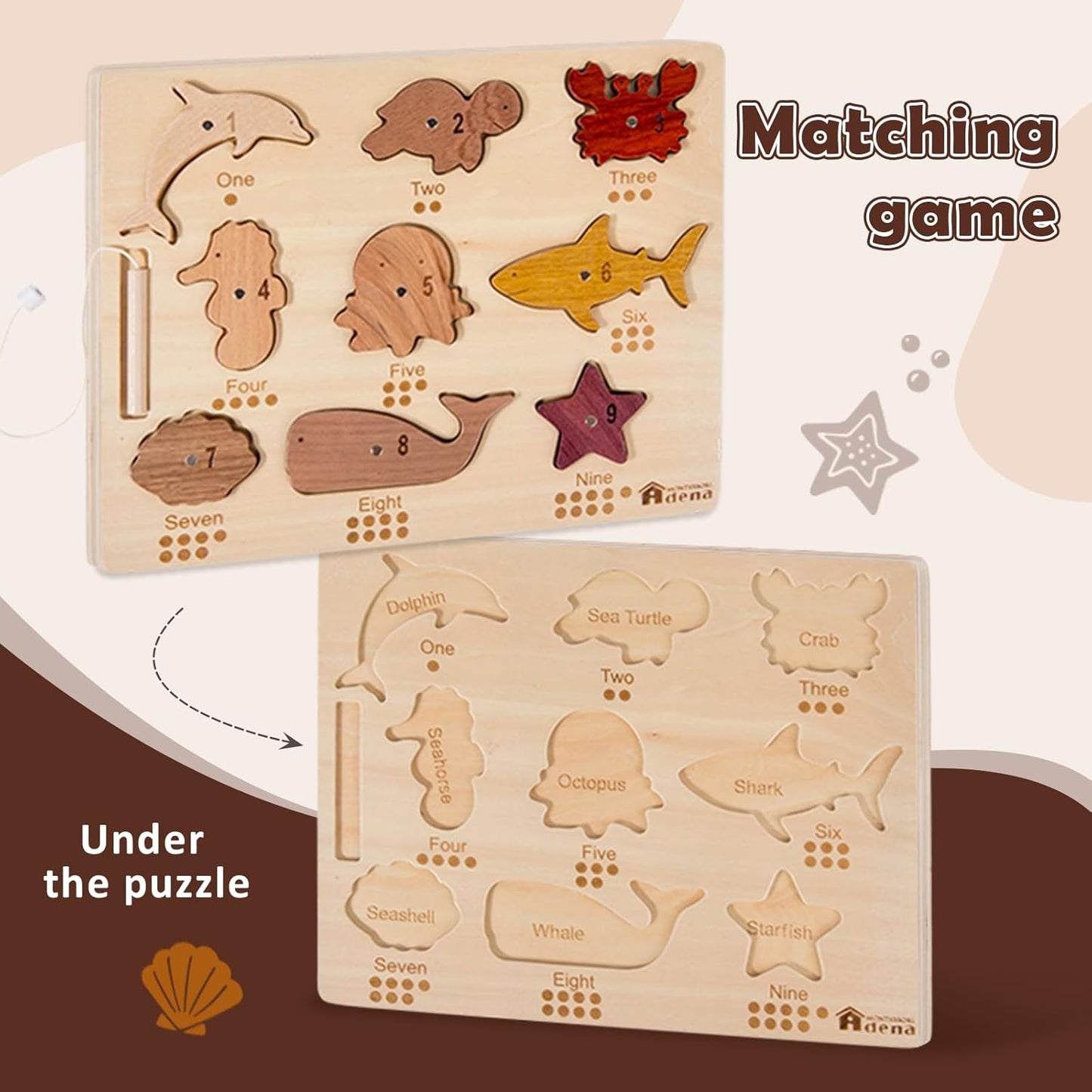 Adena Montessori Natural Wood Wooden Toy Magnetic Fishing Game, Wooden peg Puzzle 2 in 1 for Toddlers, Wooden Puzzle for 2-3 Years Old, Puzzle with Digital Ocean Animal Advanced Toys for 2 Year Old