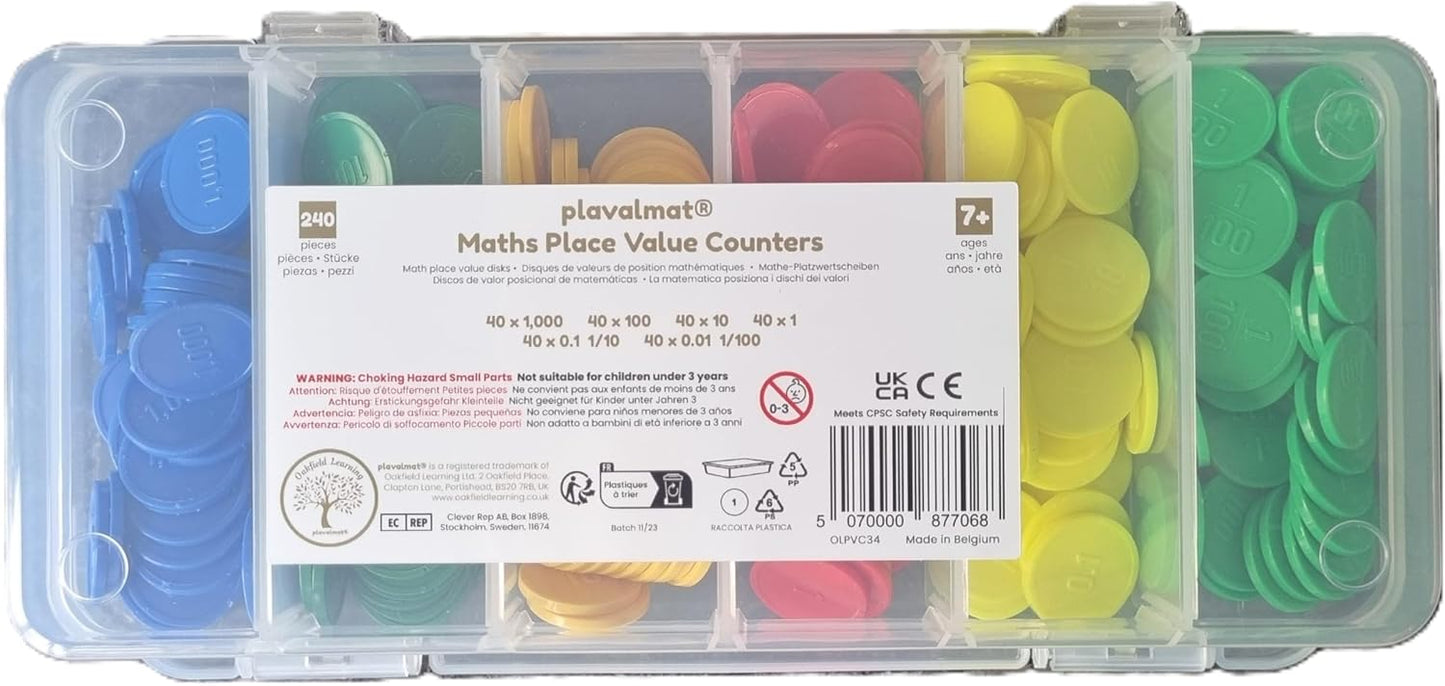 Place Value Disks, Set of 120 Hundreds Tens and Ones, 100 10 1, Recycled Plastic Math Counters - plavalmat®