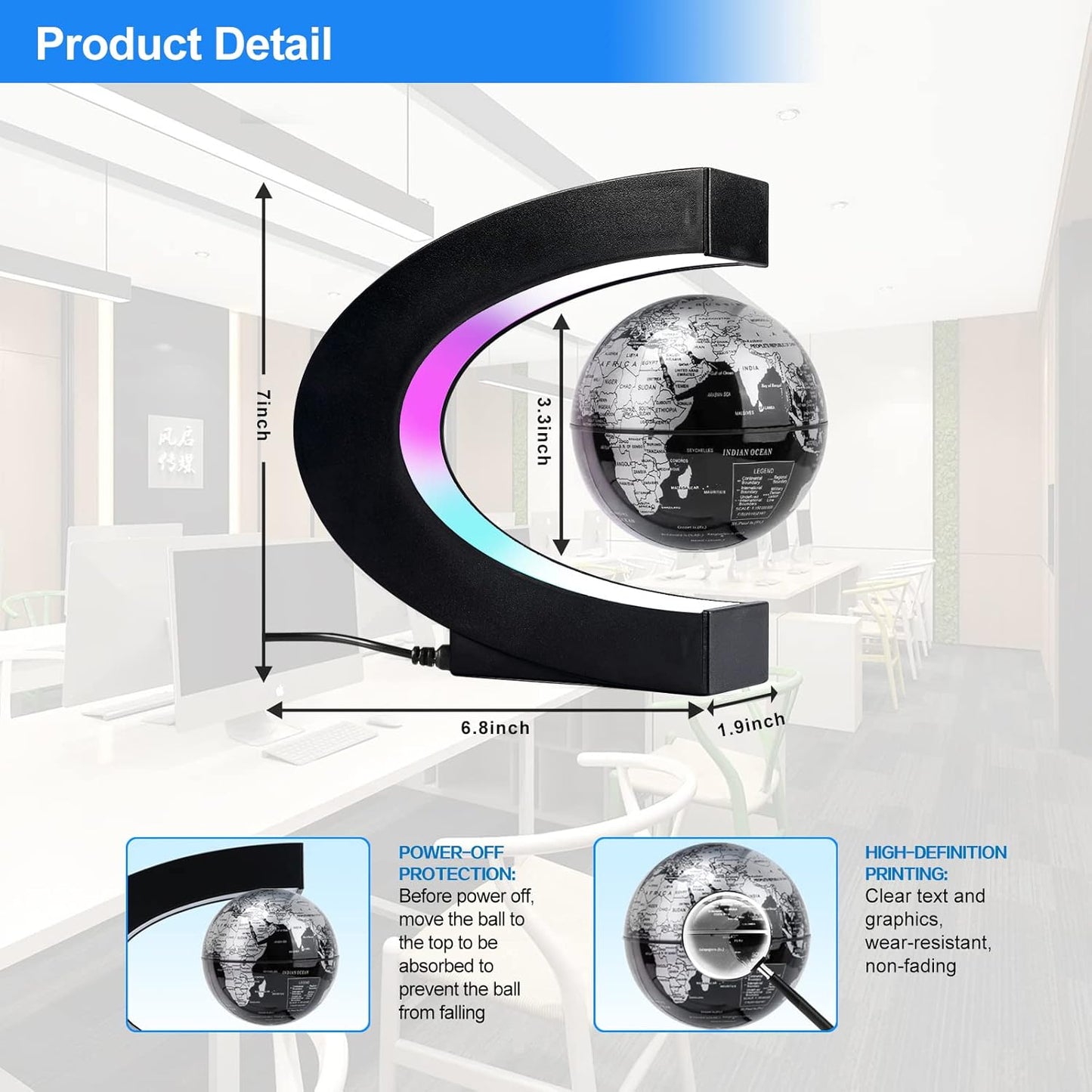 Flagest Magnetic Levitation Floating Globe, Levitating C Shape Globe with LED Lights for Education Home Office Desk Bookshelf Decor, Holiday Anniversary Creative Gift(3.3 Inches)