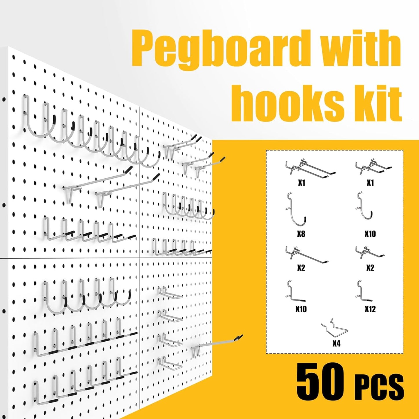 Spampur Peg Board, 4 Pack Metal Pegboard Panels with 50 Hooks, Black Pegboards Wall Organizer, Heavy Duty Peg Board for Walls Home, Garage Tool Storage, Office Organization, Craft Room, Kitchen