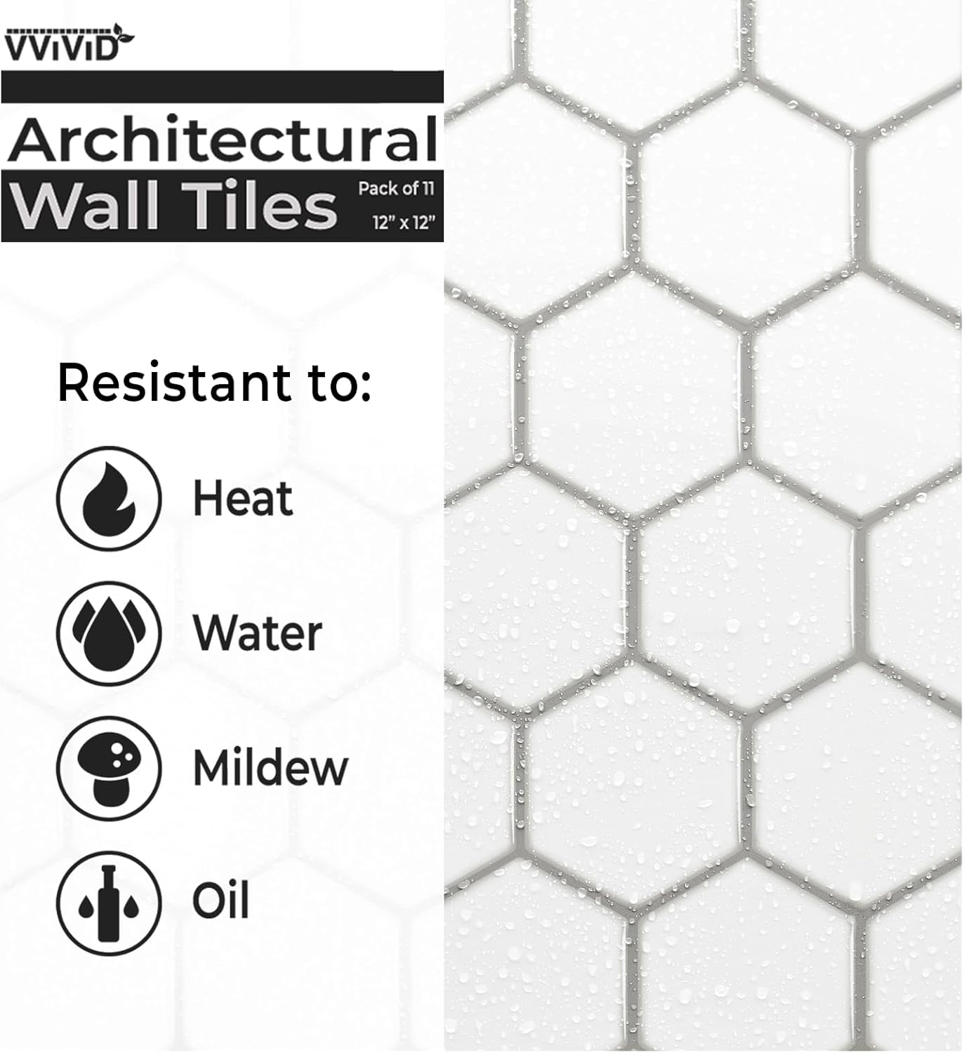 VViViD 11 Sheets Peel and Stick Grey Gloss Faux Ceramic Brick Wall Tiles, Self Adhesive Backsplash 12”x12”, 2mm Thick Kitchen, Bathroom (11 sq. ft.)